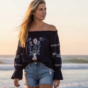 American Eagle Outfitters Black Floral Off-Shoulder Top